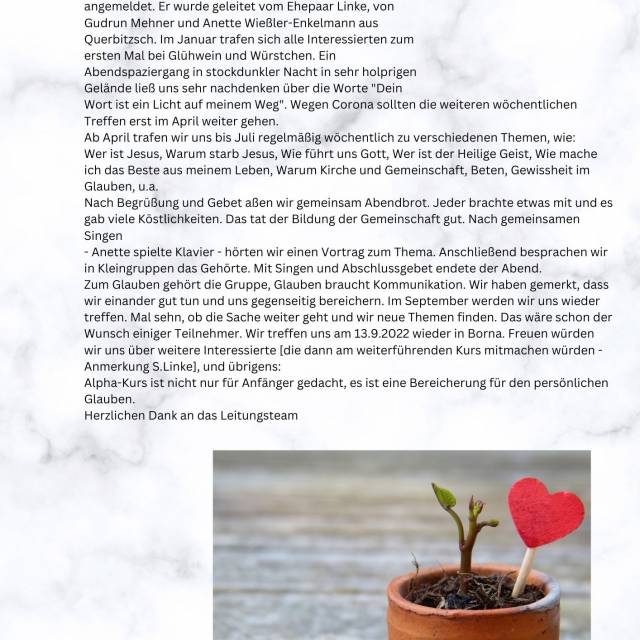 s_bericht einer teilnehmerin vom kurs 2022 13 leutchen hatten sich fuer den alpha-kurs in borna angemeldet. er wurde geleitet vom ehepaar linke- von gudrun mehner und anette wiessler-enkelmann aus querbitzsch. im  | Kirche Oschatzer Land – Glaubenskurs